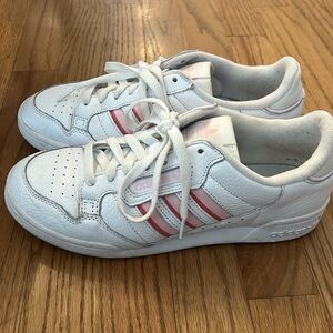 Adidas Continental 80 Stripes shoes in a white and pink colorway